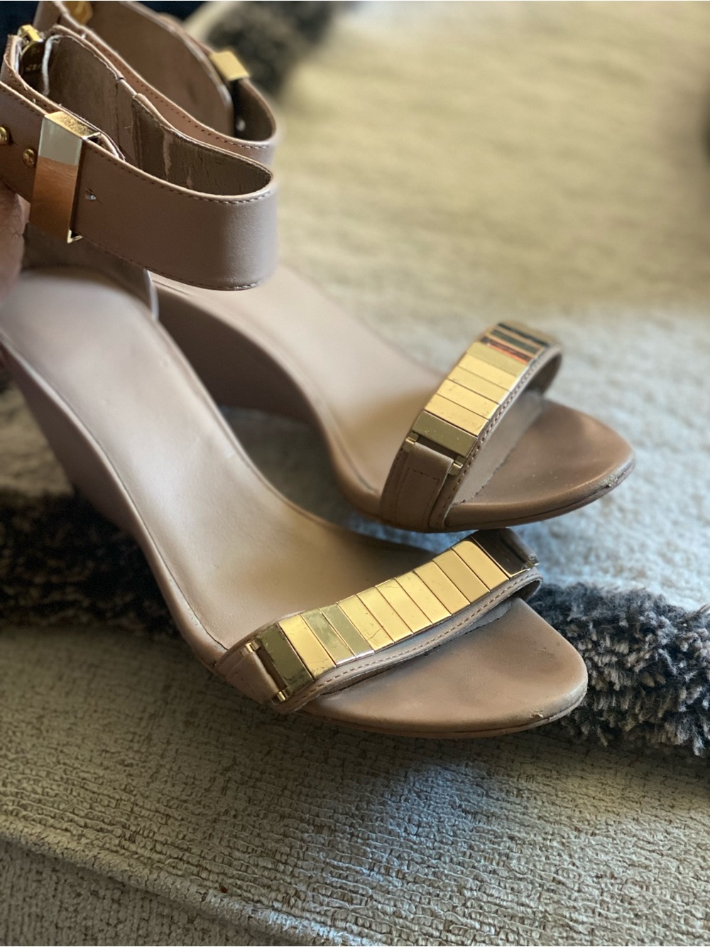 Sam Edelman Taupe Block Heel Sandals with Gold Accent